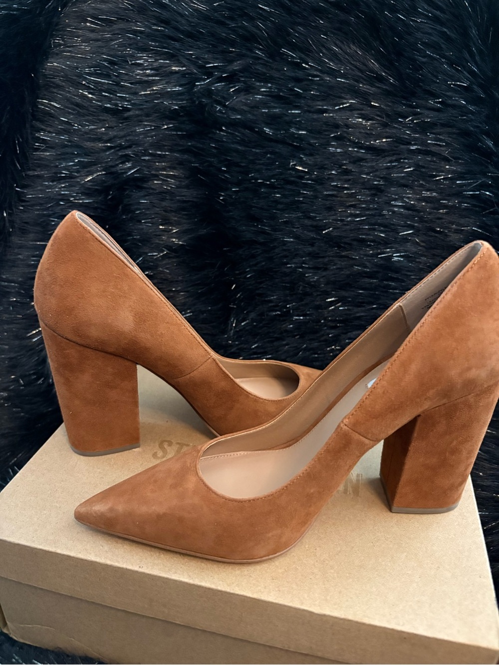 Steve Madden Tan Suede Pointed Block Heel Pumps